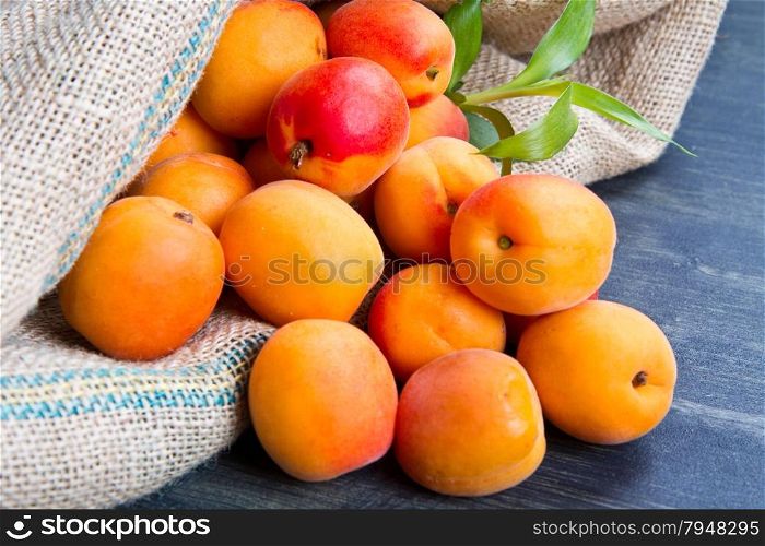 fresh apricots on burlap sack on wood