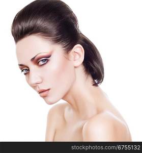 fresh attractive lady with clean skin on white background