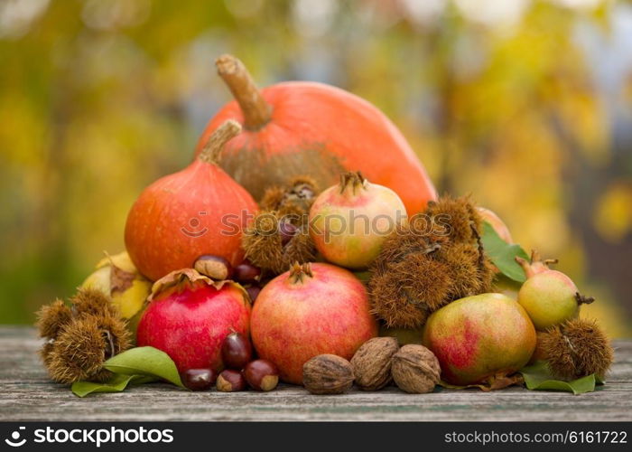 Fresh autumn fruits,on a wooden table