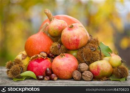 Fresh autumn fruits,on a wooden table. autumn fruits