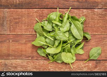 fresh baby spinach leaves against rustic, red barn wood table