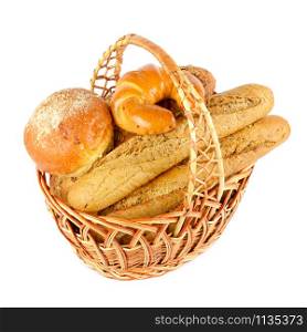 Fresh baguette, bun, croissant in big basket isolated on white background