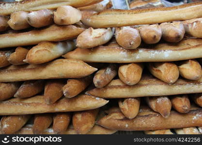 Fresh baguettes, traditional French bread at a market in France