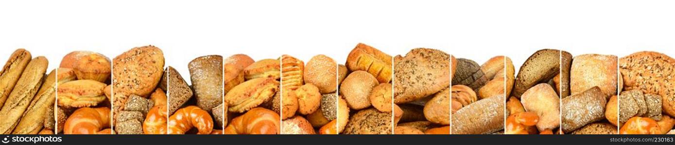 Fresh baked bread products in form vertical lines isolated on white background. Copy space