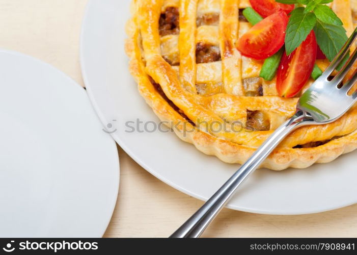 fresh baked home made beef pie macro closeup