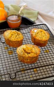 Fresh baked orange and poppyseed cakes straight out of the oven.