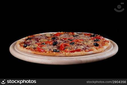 fresh baked pizza on black background
