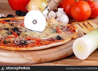 fresh baked pizza with different ingredients