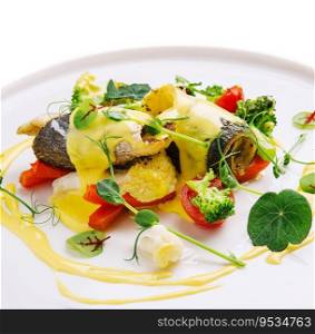 Fresh baked sea fish with broccoli, carrots, vegetables and cheese