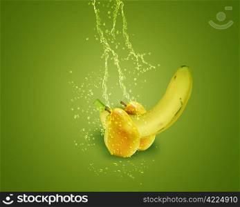 Fresh banana and pear with water splashes on green background.
