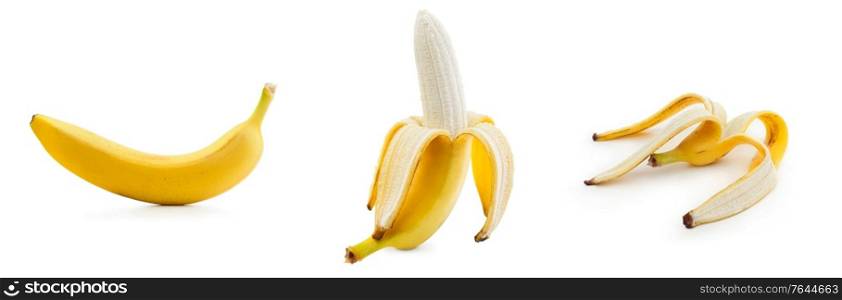 Fresh banana and peel isolated. Set of ripe organic bananas on white background. Cut out with clipping path. Fresh bananas isolated on white