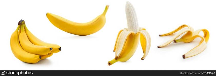 Fresh banana isolated. Set of ripe organic bananas on white background. Cut out with clipping path. Fresh bananas isolated on white