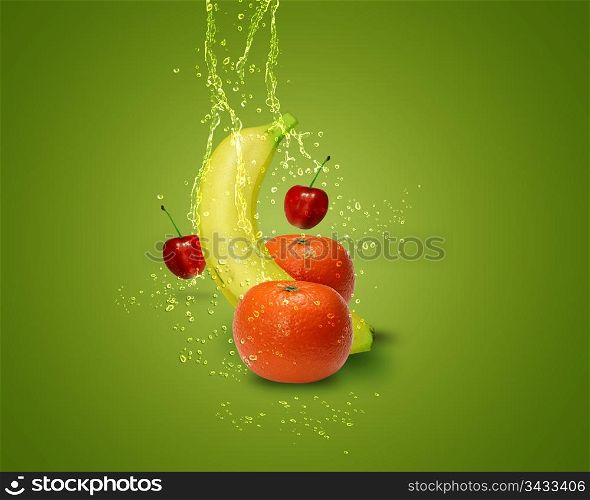 Fresh banana, mandarins, cherry, with water splashes on green background.