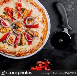 Fresh barbecue chicken pizza with vegetables