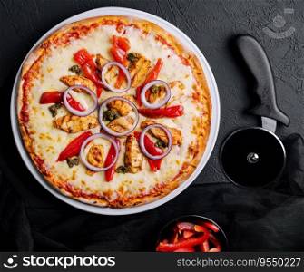 Fresh barbecue chicken pizza with vegetables