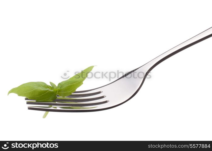 Fresh basil leaf on fork isolated on white background cutout. Healthy eating concept.