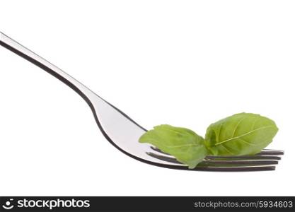 Fresh basil leaf on fork isolated on white background cutout. Healthy eating concept.