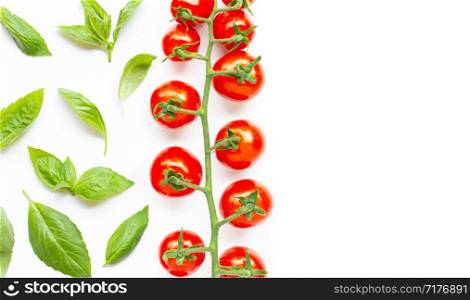 Fresh basil leaves with cherry tomatoes on white background. Copy space