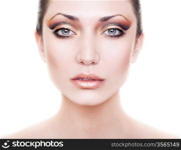 fresh beautiful lady with clean skin on white background