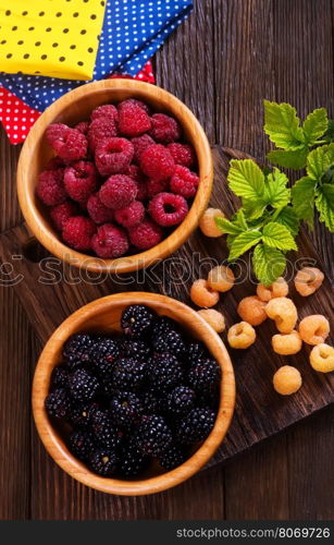 fresh berries in bowl and on a table