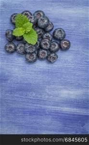 Fresh blueberries and mint leaf on rustic textured background with copy space