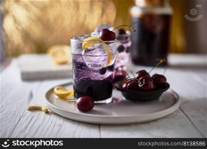 Fresh blueberry cocktail with lemon peel and cherry. 