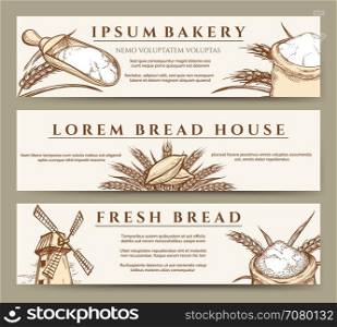 Fresh bread and bakery banners. Hand drawn fresh bread and bakery banners with mill, wheat and flour bag sketch vector illustration