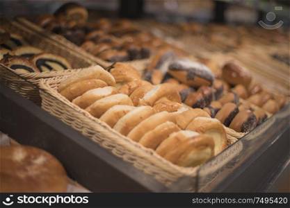 Fresh bread in the store. Food