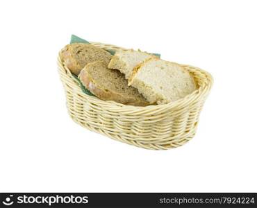 Fresh bread in wicker basket on an isolated background. Fresh bread in wicker basket