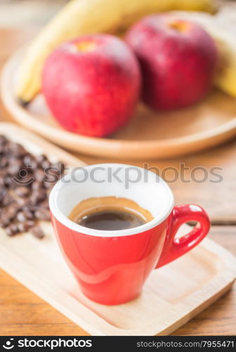 Fresh brewed hot espresso with roasted bean, stock photo