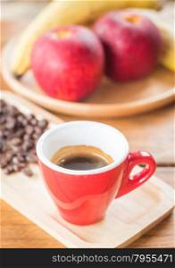 Fresh brewed hot espresso with roasted bean, stock photo