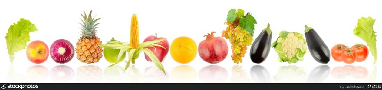 Fresh bright fruits and vegetables with light reflection isolated on white background.