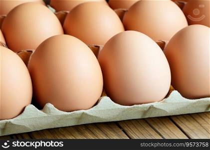 Fresh Brown Chicken Eggs in a Box on wooden table. Generative AI.