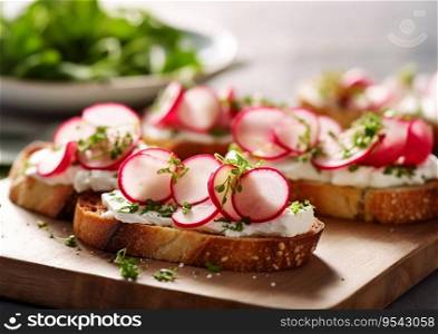 Fresh bruschetta sandwich with raw radish on table.AI Generative.