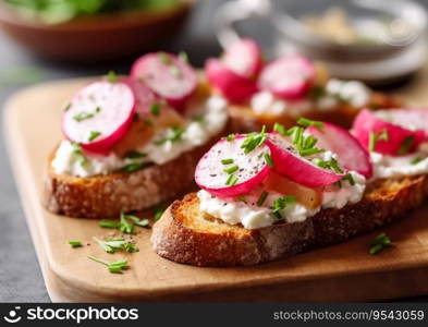 Fresh bruschetta sandwich with raw radish on table.AI Generative.