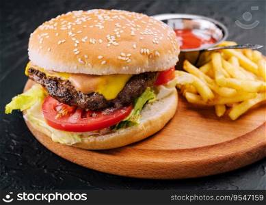 Fresh burger with french fries on wood