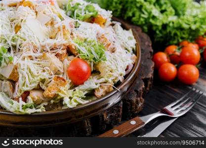 Fresh Caesar Salad on a Wooden Kitchen Table