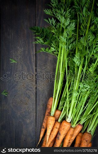 Fresh carrots on wooden table background. Top view