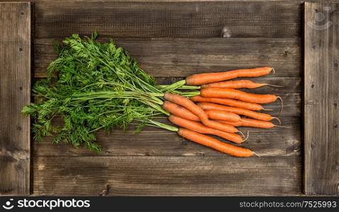 Fresh carrots with green leaves over wooden background. Organic food concept
