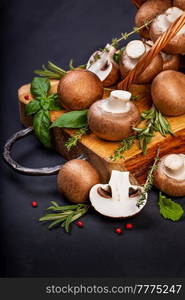 Fresh ch&ignon mushrooms on wooden table