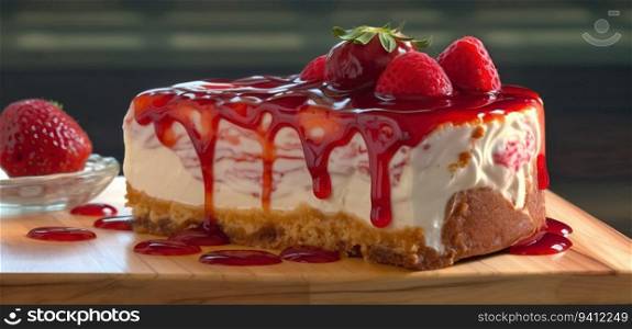 Fresh cheesecake with fruits, berries on wooden table. Piece of dessert with caramel sauce. Classic traditional recipe. AI generated.. Fresh cheesecake with fruits, berries on wooden table. Piece of dessert with caramel sauce. AI generated.