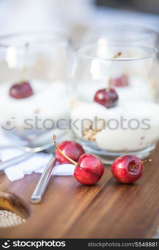 Fresh cherries and vanilla yoghurt breakfast