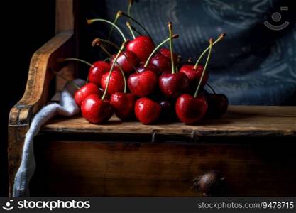 Fresh cherries on wooden table. Generative AI