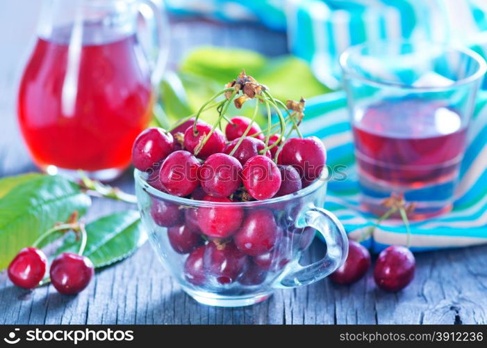 fresh cherry and fresh juice on the wooden table