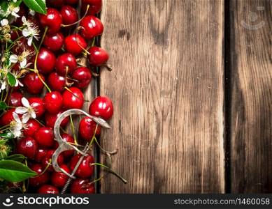 Fresh cherry and metal tool for cherries. On a wooden table.. Fresh cherry and metal tool for cherries.