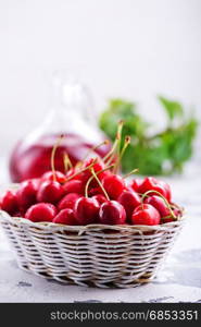 fresh cherry in basket and on a table