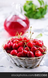 fresh cherry in basket and on a table