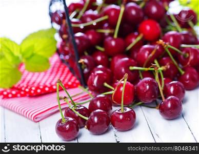 fresh cherry in metal basket and on a table