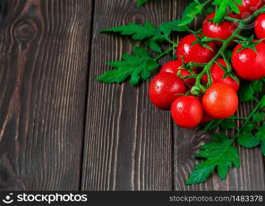 Fresh cherry tomatoes on a branch with leaves, dark wooden background. Ripe tomatoes in droplets of water. Copy space for text, close up.