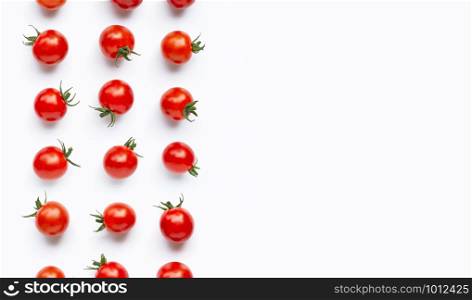 Fresh cherry tomatoes on white background. Copy space